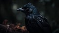 Black crow on a branch in woodlands, dark and moody