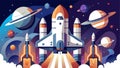 This image showcases space shuttles against the backdrop of space, highlighting their powerful design and the remarkable feat of