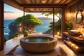 image showcases a stone bathroom balcony, where a luxurious tub commands the center of attention