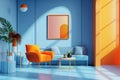 Vibrant Living Space with Bold Orange Chair and Blue Sofa Set Against Blue Walls - Ideal for Interior Design Themes Royalty Free Stock Photo