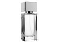 A sleek, modern perfume bottle with a silver cap and clear body, standing upright against a white background Royalty Free Stock Photo