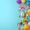 flat lay beach toys summer concept in blue background ai generated Royalty Free Stock Photo
