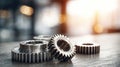metallic gears on wood surface Royalty Free Stock Photo