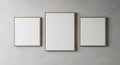 Three blank triptych photo frames hung on a textured wall displaying empty space Royalty Free Stock Photo
