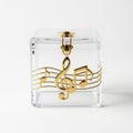 Elegant clear jewelry box featuring a golden musical treble clef design Royalty Free Stock Photo