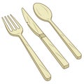 Gold colored flatware set featuring fork knife and spoon isolated on white background Royalty Free Stock Photo