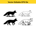 Two black silhouette and two detailed line art illustrations of foxes walking Royalty Free Stock Photo