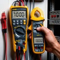 A close up of two electrical multimeters with a hand holding the right side multimeter tool Royalty Free Stock Photo