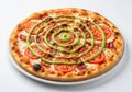 Creative spiral vegetable pizza with colorful toppings on a white plate Royalty Free Stock Photo