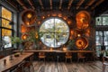 Rustic Industrial Cafe Interior Design with Circular Window and Gear Decor Royalty Free Stock Photo