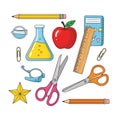 Vector art of school supplies, representing the tools and materials necessary for learning and education in a classroom setting Royalty Free Stock Photo