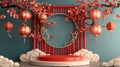 Generative AI. Traditional Chinese Spring Festival Decoration With Red Lanterns and Cherry Blossoms Royalty Free Stock Photo