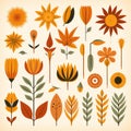 Retro Autumn Flower Collection: Vintage Style Art With Graphic Modular Forms Royalty Free Stock Photo