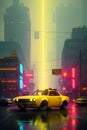 A yellow car on a colorful street with flashy lights generated by ai