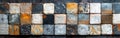 Retro Geometric Mosaic Cement Tiles in White, Brown, and Blue for Vintage Backgrounds Royalty Free Stock Photo