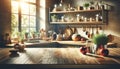 An Image of A Wide, Sunlit Kitchen Interior. the Scene Is Focused on A Wooden Tabletop Royalty Free Stock Photo