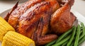 roasted chicken with corn and green beans on plate Royalty Free Stock Photo