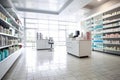 An image showcasing the clean and organized interior of a modern pharmacy, with neatly arranged shelves displaying various