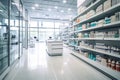 An image showcasing the clean and organized interior of a modern pharmacy, with neatly arranged shelves displaying various