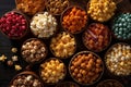 An image showcasing different flavors of popcorn, such as caramel, cheese, and butter, arranged in vibrant and colorful patterns,