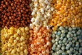An image showcasing different flavors of popcorn, such as caramel, cheese, and butter, arranged in vibrant and colorful patterns,