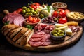 Image showcasing the ingredients for a gourmet charcuterie board, including freshly sliced salami, various cheeses, pickles,