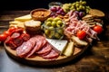 Image showcasing the ingredients for a gourmet charcuterie board, including freshly sliced salami, various cheeses, pickles,