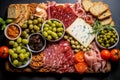 Image showcasing the ingredients for a gourmet charcuterie board, including freshly sliced salami, various cheeses, pickles,