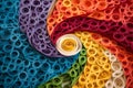 An image showcasing intricate paper quilling artwork in the form of pride symbols, creating a visually appealing representation of