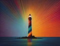 Image showcasing a lighthouse radiating rainbow-colored light, indicative of themes such as hope, happiness, and variety