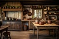 An image showcasing an old fashioned kitchen, complete with an array of pots and pans on full view, Rustic farmhouse kitchen with Royalty Free Stock Photo