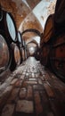 Rows of Wine Barrels in Vintage Cellar Royalty Free Stock Photo