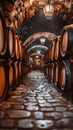 Rows of Wine Barrels in Vintage Cellar Royalty Free Stock Photo