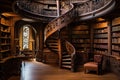 An image showcasing a spiral staircase surrounded by an extensive collection of books in a library, An old library with wooden