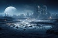 An image showcasing a sprawling city of the future, illuminated by vibrant lights under a massive moon, Lunar surface with a