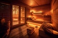 An image showcasing a tranquil sauna room with soft lighting, wooden interior, and comfortable seating, creating an inviting
