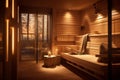 An image showcasing a tranquil sauna room with soft lighting, wooden interior, and comfortable seating, creating an inviting