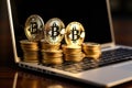 An image showing a bunch of bitcoins sitting on top of a laptop, Gold bitcoin coins, virtual money on a laptop, AI Generated