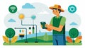 An image showing a farmer setting up irrigation schedules for different crops using an IoTenabled pump. The pump can Royalty Free Stock Photo