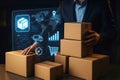 Person holding stack of boxes with digital interface for package delivery and e-commerce Keywords: package, delivery, e-commerce, Royalty Free Stock Photo