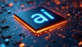 Image shows AI letters glowing blue on a computer chip. Circuit board details and digital background provide tech context. Royalty Free Stock Photo