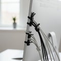 The image shows the back of a computer monitor with several black and white cables Royalty Free Stock Photo