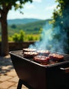 The image shows a barbecue grill being used to cook pieces of meat outdoors. AI generated Royalty Free Stock Photo
