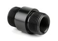 Black plastic male pipe adapter with threaded ends for fluid connections Royalty Free Stock Photo
