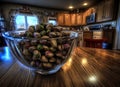 The image shows a bowl of pistas on a kitchen counter, which is also where the real bowl of pistas is located Royalty Free Stock Photo