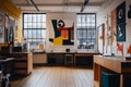 Creative workspace featuring vibrant art and modern design. The open layout inspires collaboration and innovation in a Royalty Free Stock Photo