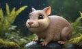 A cute, brown hamster sits on a rock in the middle of a lush green forest Royalty Free Stock Photo