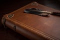 The image shows a brown leather journal with a feather quill on a wooden surface Royalty Free Stock Photo