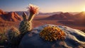 Cactus Blossom and Pollen Feast: A desert Scene with Bees and Vibrant Sunset. Royalty Free Stock Photo