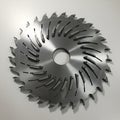 Close-up of a spiral-patterned metal cutting saw blade with sharp teeth Royalty Free Stock Photo